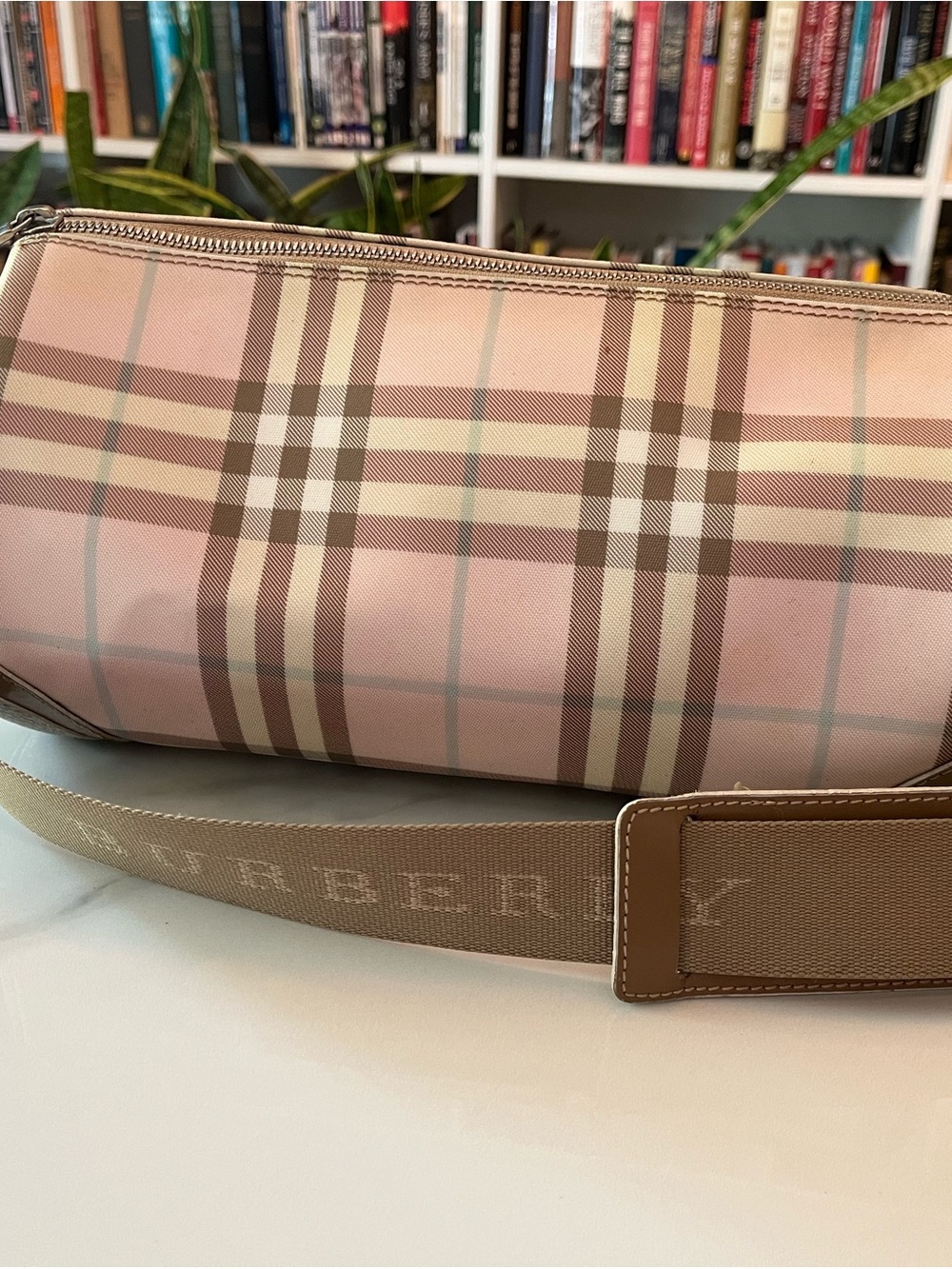 Burberry Pink and Tan Check Crossbody with Branded Strap